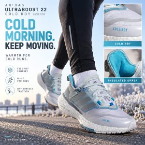 Adidas Ultraboost 22 COLD RDY GZ0128 — COLD MORNING. KEEP MOVING.; Adult runner lower legs in long tights stepping onto cold…