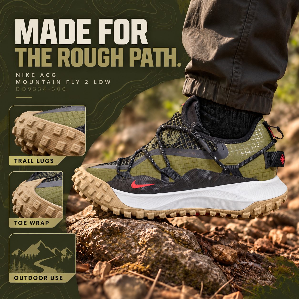 Nike ACG Mountain Fly 2 Low DO9334-300 — MADE FOR THE ROUGH PATH.; Adult hiker wearing shoe stepping onto small dry rock on…