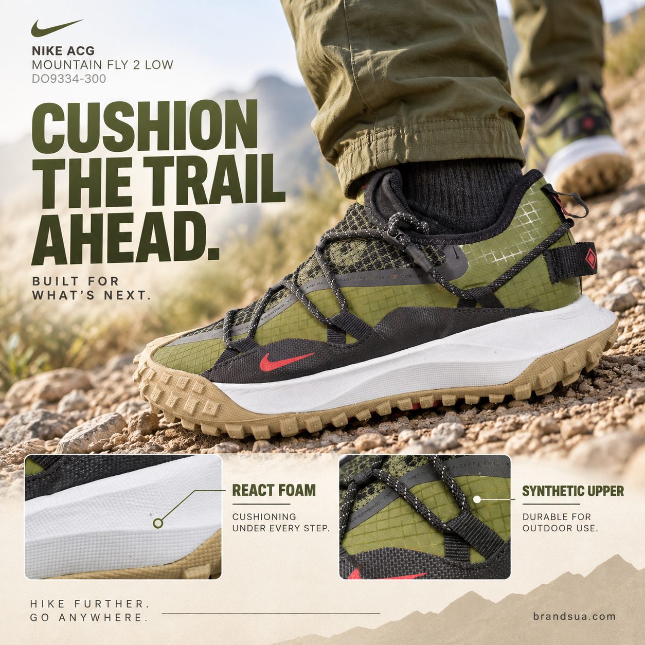 Nike ACG Mountain Fly 2 Low DO9334-300 — CUSHION THE TRAIL AHEAD.; Adult hiking uphill a gentle gravel path, olive trouser c…