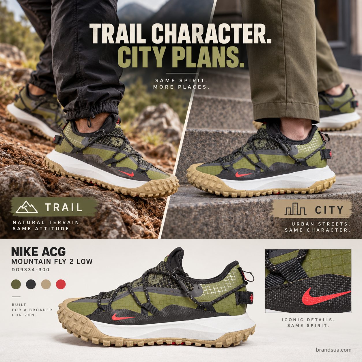 Nike ACG Mountain Fly 2 Low DO9334-300 — TRAIL CHARACTER. CITY PLANS.; Two actual-use panels: cropped hiking trousers on nat…