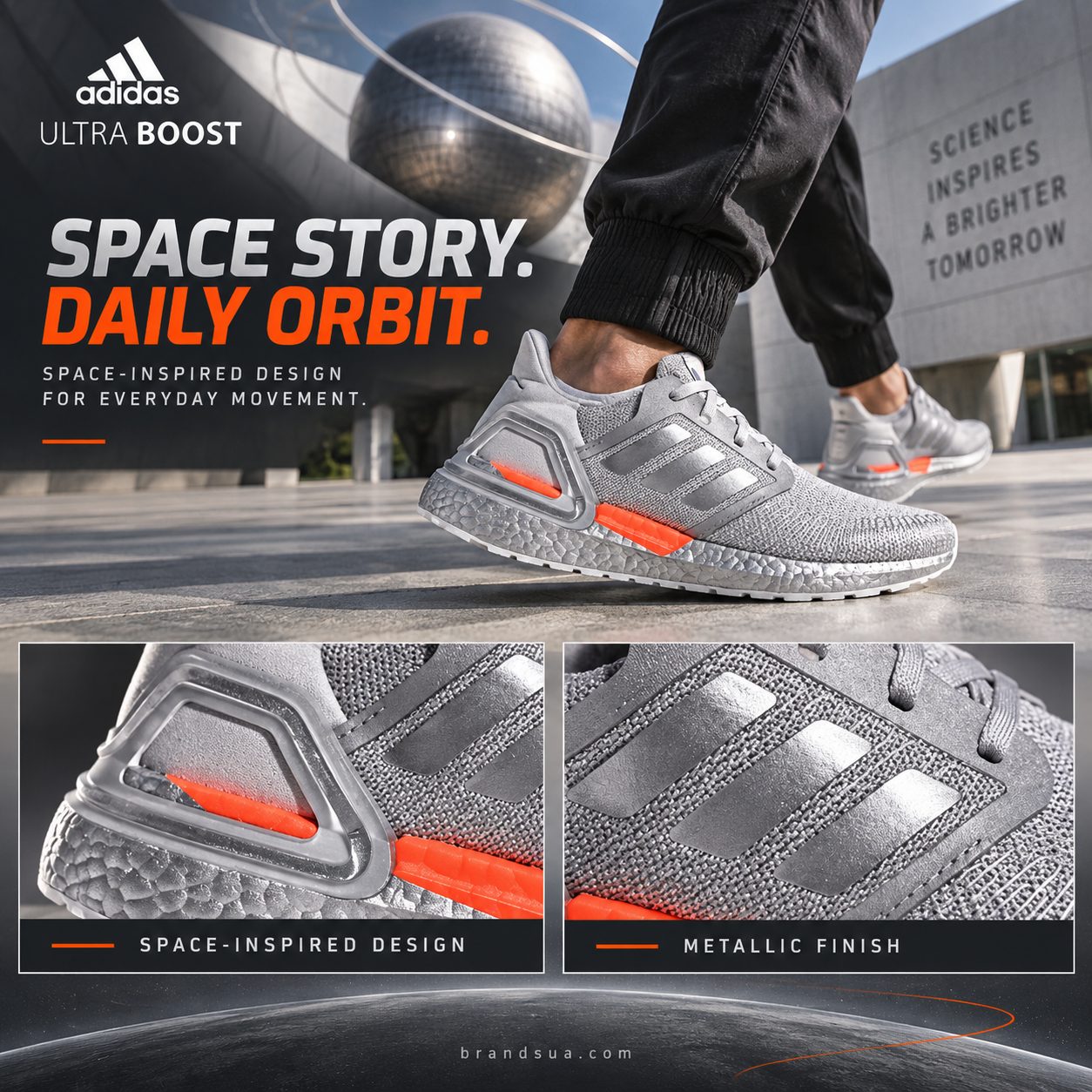 Adidas UltraBoost NASA FX7957 — SPACE STORY. DAILY ORBIT.; Adult walking modern science-museum plaza, exact metallicsilver f…