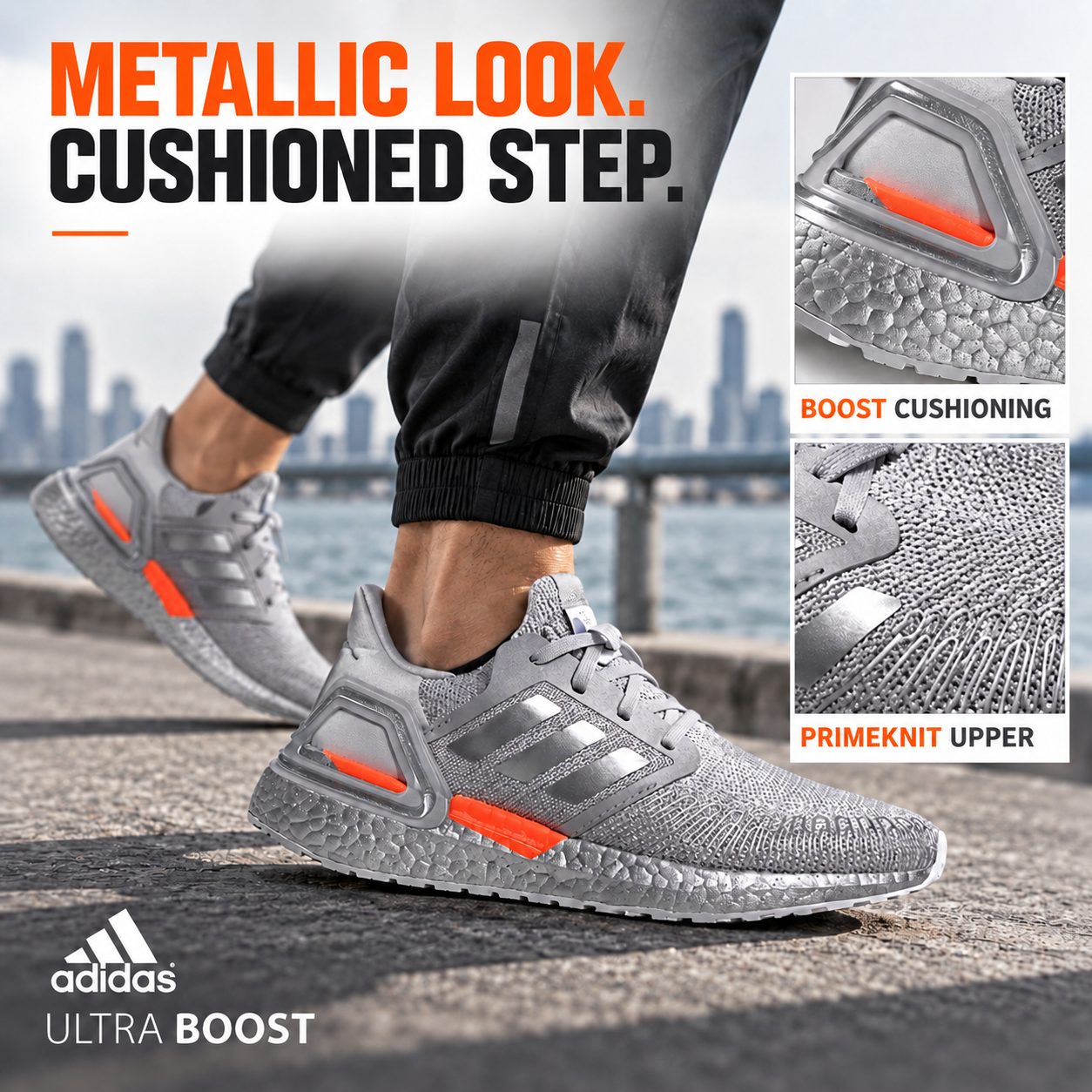 Adidas UltraBoost NASA FX7957 — METALLIC LOOK. CUSHIONED STEP.; Cropped adult jogging quiet concrete waterfront, exact silve…