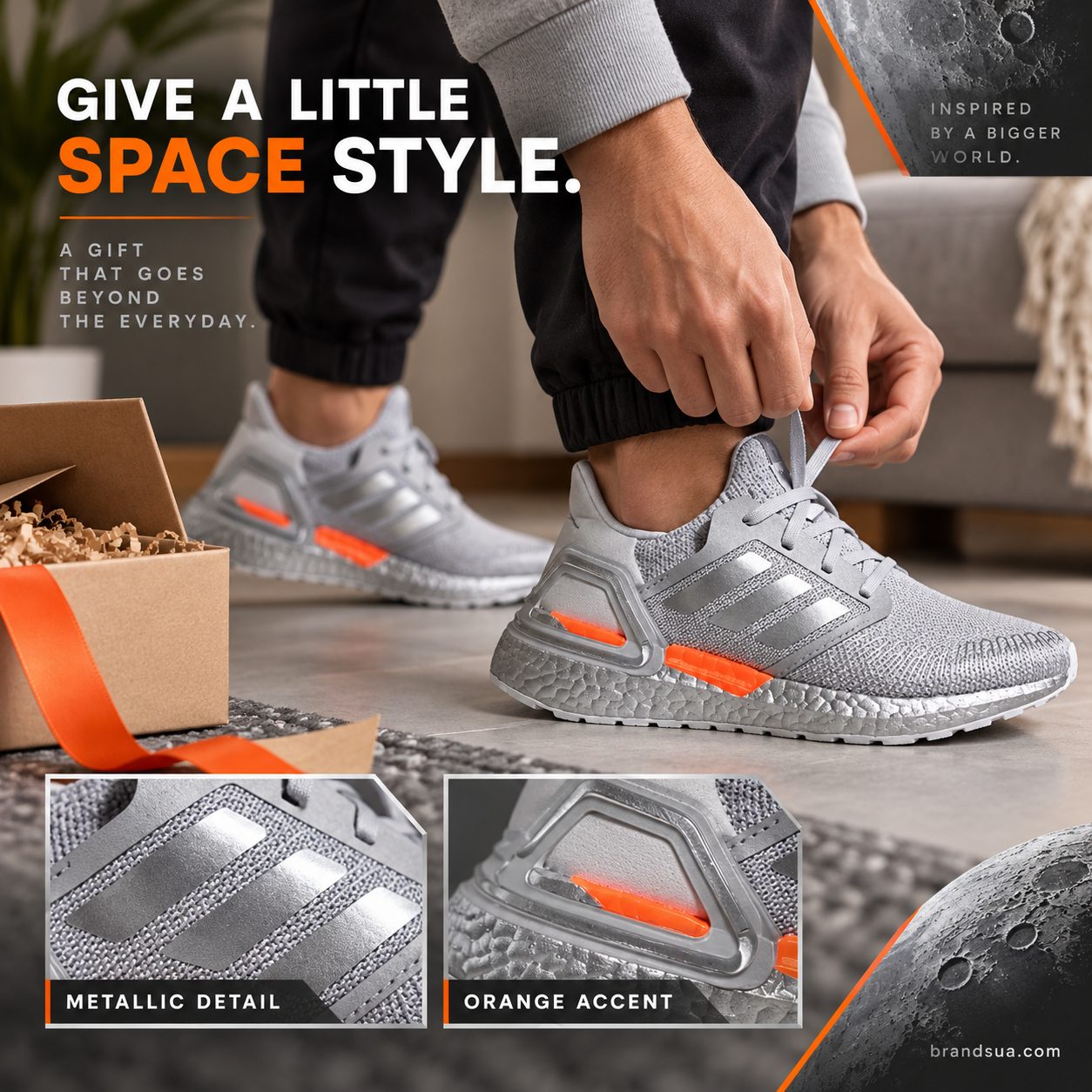 Adidas UltraBoost NASA FX7957 — GIVE A LITTLE SPACE STYLE.; Adult already wearing exact shoes taking first step beside gener…
