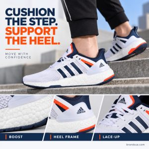 Adidas equipment plus boost solar H02758 — CUSHION THE STEP. SUPPORT THE HEEL.; Adult briskly stepping up city stair, shoe worn source lateral/front-side view; macro windows prove white foam and visible heel frame; orange kept only where source shows.