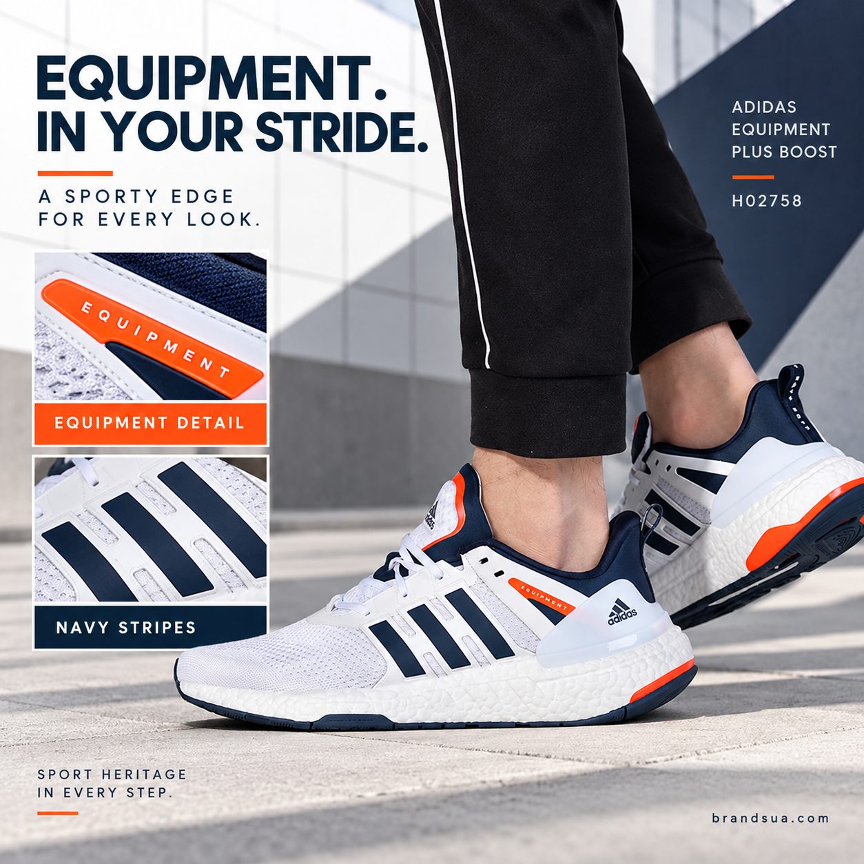 Adidas equipment plus boost solar H02758 — EQUIPMENT. IN YOUR STRIDE.; Cropped adult in black tapered trousers strides throu…