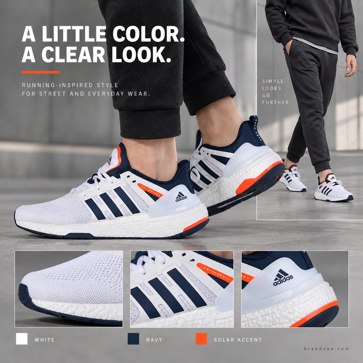 Adidas equipment plus boost solar H02758 — A LITTLE COLOR. A CLEAR LOOK.; Same shoe worn with entirely neutral charcoal casu…