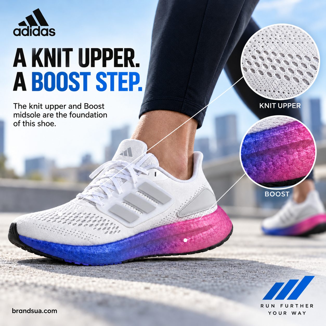 Adidas pureboost 22 running shoe HQ8585 — Macros identify actual upper and midsole materials.