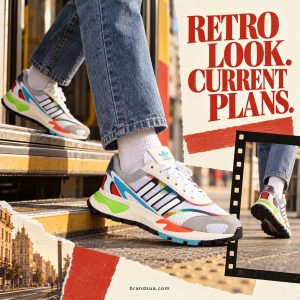 Adidas Retropy P9 Cloud H03084 — Adult in straight denim stepping off tram platform in exact multicolor Retropy, motion clea…
