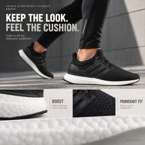 Adidas Ultra Boost 4.0 Men's  BB6166 — KEEP THE LOOK. FEEL THE CUSHION.; Cropped adult jogging in black tights by monochrome modern wall, exact black upper/white foam shoe. Huge white foam macro band bottom, quiet warm grey typography. Labels BOOST / PRIMEKNIT FIT; no allblack sole.