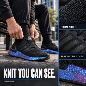 Adidas UltraBoost 20 Black EG1341 — Adult runner seated at urban bench tying exact black shoe, metallic purple-blue sole cle…