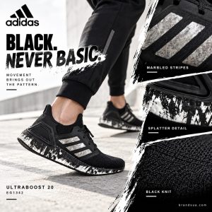 Adidas ULTRABOOST 20 EG1342 — BLACK. NEVER BASIC.; Adult runner on pale concrete avenue wearing exact shoe; authentic marbled-stripe macro and splatter sole crop visibly explain the graphic pattern. Black-white editorial layout with broad diagonal brush-shaped divider; labels MARBLED STRIPES / SPLATTER DETAIL / BLACK KNIT.