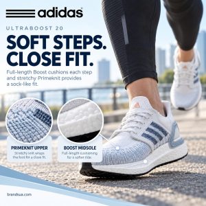 Adidas Ultraboost 20 White Light Blue FY3454 — SOFT STEPS. CLOSE FIT.; Adult jogger on sunlit city path, foreground shoe exact front-side angle; two macro proof circles accurately show knit and foam with connecting lines.