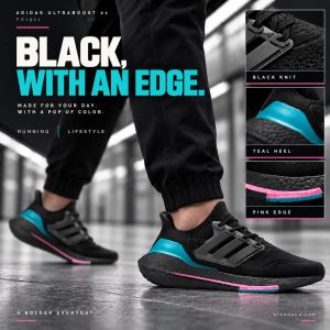 adidas UltraBoost 21 'Black Active Teal' FZ1921 — BLACK, WITH AN EDGE.; Adult in black tailored joggers walking quickly thro…