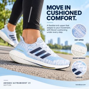 Adidas UltraBoost 21 GZ7120 — MOVE IN CUSHIONED COMFORT.; Adult wearing shoe stepping forward on park path; macro of visible…