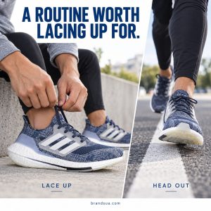 adidas Ultraboost 21 Prime Running FX7729 — Two-beat magazine story: largest photo adult hands tie exact blue shoe while sea…