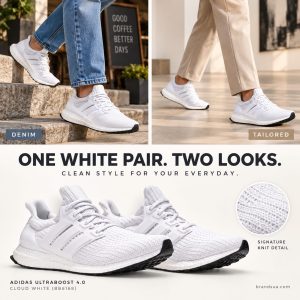 Adidas UltraBoost 4.0 'Cloud White' BB6168 — ONE WHITE PAIR. TWO LOOKS.; Two cropped adults wearing exact same colorway in distinct actual-use panels: relaxed blue denim stepping down cafe stair and tailored sand trousers striding into gallery.