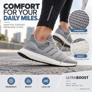 Adidas Ultraboost Grey BB6150 — COMFORT FOR YOUR DAILY MILES.; Adult jogging on grey urban pavement, lateral worn shoe crisp; split circular proof detail of real knit above and bead foam below linked to shoe.