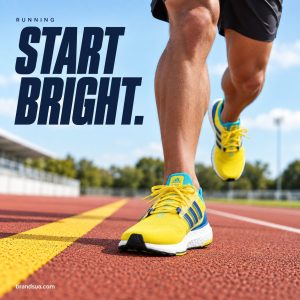 Adidas Ultraboost yellow legacy Indigo sky Rush GW1710 — Adult runner in dark shorts bounding forward on terracotta track, c…