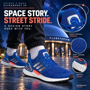Adidas X Nasa UltraBoost 20 FX7978 — SPACE STORY. STREET STRIDE.; Adult walking past a planetarium entrance, cropped knee-do…