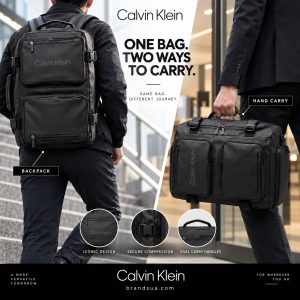 Calvin Klein Leather Multi-Use Backpack — Black — Side-by-side actual carrying modes show versatility clearly.