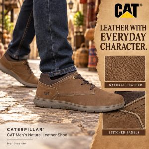 Caterpillar - CAT Men`s Natural Leather Shoe — LEATHER WITH EVERYDAY CHARACTER.; Adult walks through craft-market paved arca…