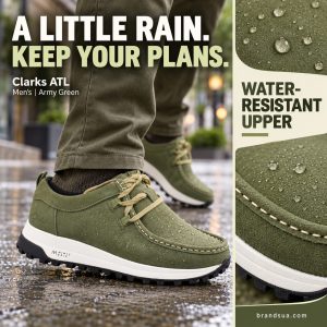 Clarks ATL Men's shoe in Army Green — A LITTLE RAIN. KEEP YOUR PLANS.; Adult in olivechinos walks dampcitypath in exactarmy…