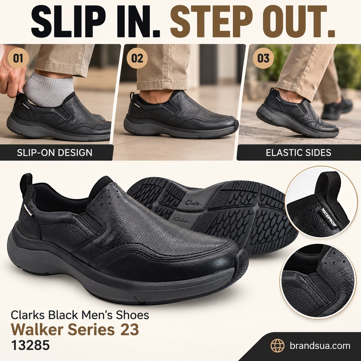 Clarks Black Men's Shoes Walker Series 23 waterproof 13285 — SLIP IN. STEP OUT.; Threephotographicstrip: sockfoot sliding in…