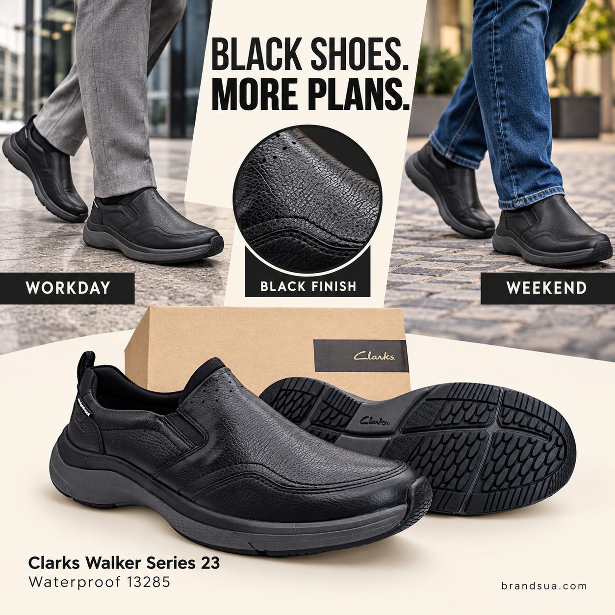 Clarks Black Men's Shoes Walker Series 23 waterproof 13285 — BLACK SHOES. MORE PLANS.; Two wornlooks blackshoe withsmartgrey…