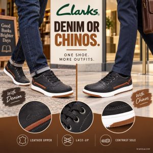 Clarks Men's Trigen — DENIM OR CHINOS.; Two actual-use panels of same shoe: adult striding from bookshop in dark denim; adul…