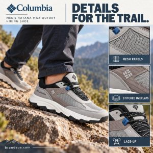 Columbia Men's Hatana Max Outdry Hiking Shoe — A hiker steps up low dry stone, with two narrow detail windows of exact mesh…