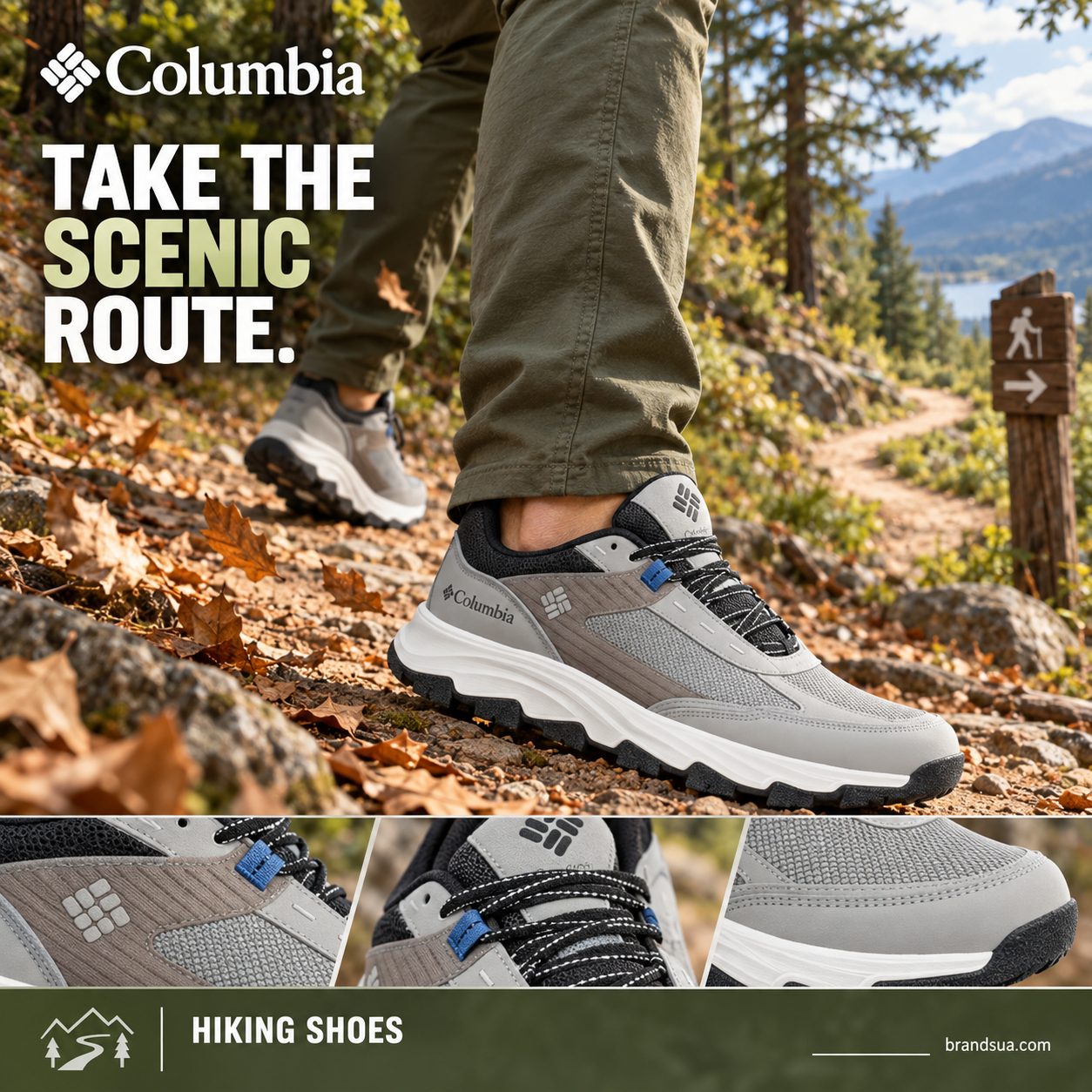 Columbia Men's Hatana Max Outdry Hiking Shoe — A cropped hiker actively strides toward a visible woodland path bend; exact s…