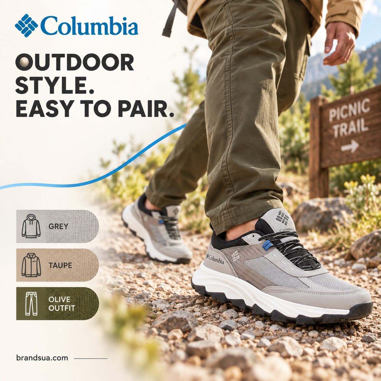 Columbia Men's Hatana Max Outdry Hiking Shoe — One purposeful on-foot stride in olive trousers beside a cropped tan jacket c…