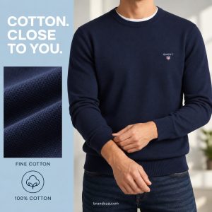 Gant Classic Cotton Crew Neck Jumper — Adult cropped neck to hip adjusting one ribbed cuff, exact navy sweater chest badge v…