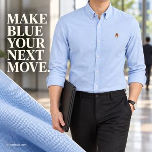 Hush puppies long-sleeved solid — Adult chest-to-thigh cropped carrying document folder through bright office lobby, blue sh…