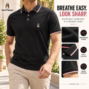 Hush Puppies short-sleeved T-Shirt (Polo) — BREATHE EASY. LOOK SHARP.; Adult wearing exact black polo walking through sunlit…