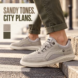Jeep 993011 men shoe — Asymmetric editorial city crossing: adult in olive chinos visibly steps off dry curb, sandy low-top f…