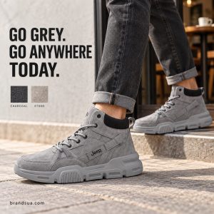 Jeep B03190090B Men Shoe — Adult in rolled charcoal denim stepping out of café doorway, exact grey high-top visible includin…