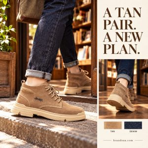 Jeep P03232650K Men Shoe — Adult in cuffed indigo denim walks into a sunlit bookshop entrance, exact tan boot foreground and…