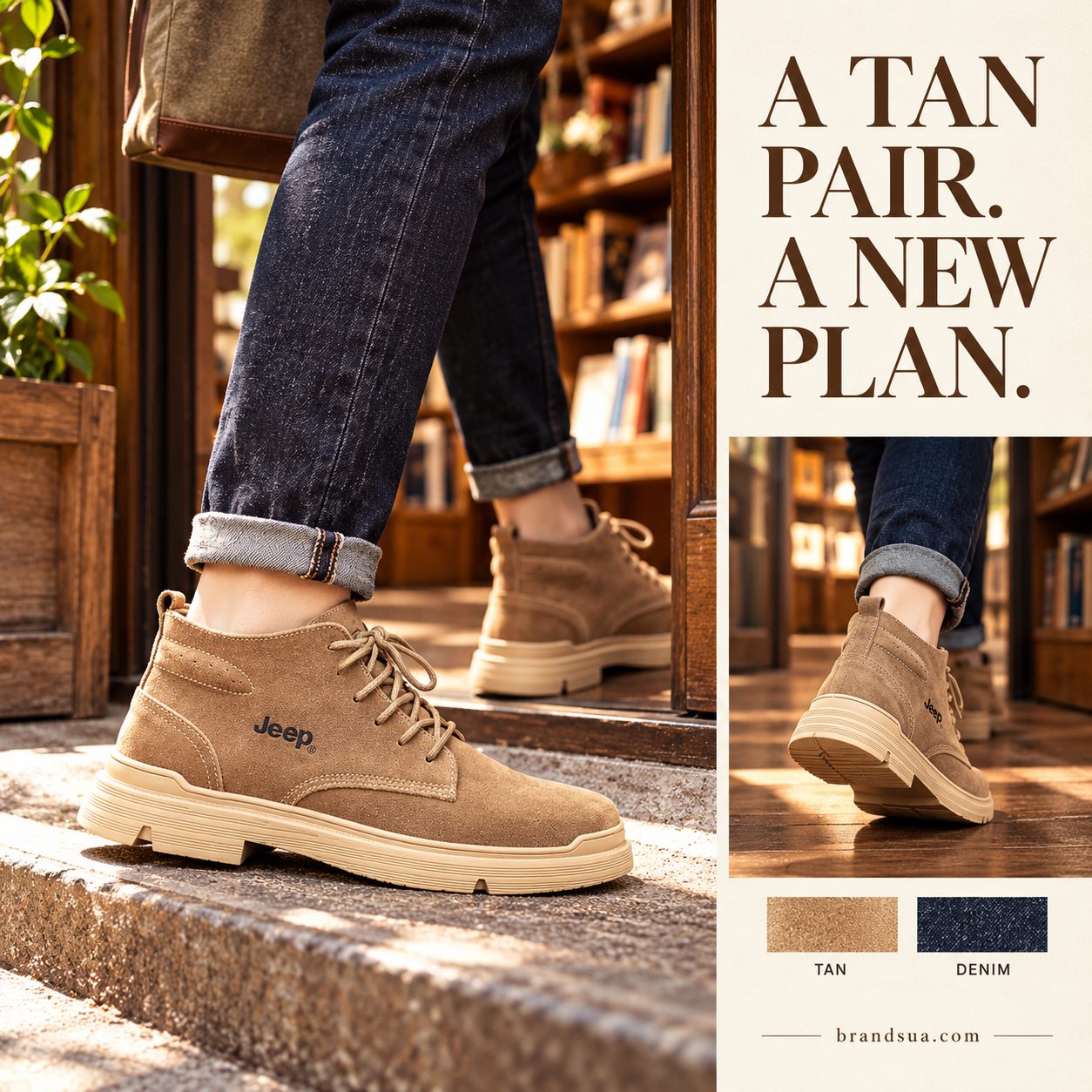 Jeep P03232650K Men Shoe — Adult in cuffed indigo denim walks into a sunlit bookshop entrance, exact tan boot foreground and…