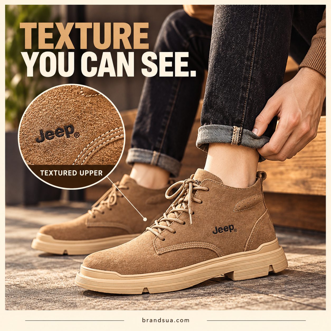 Jeep P03232650K Men Shoe — Cropped seated adult brushing trouser hem up to show exact boot collar, no brush tool or cleaning…