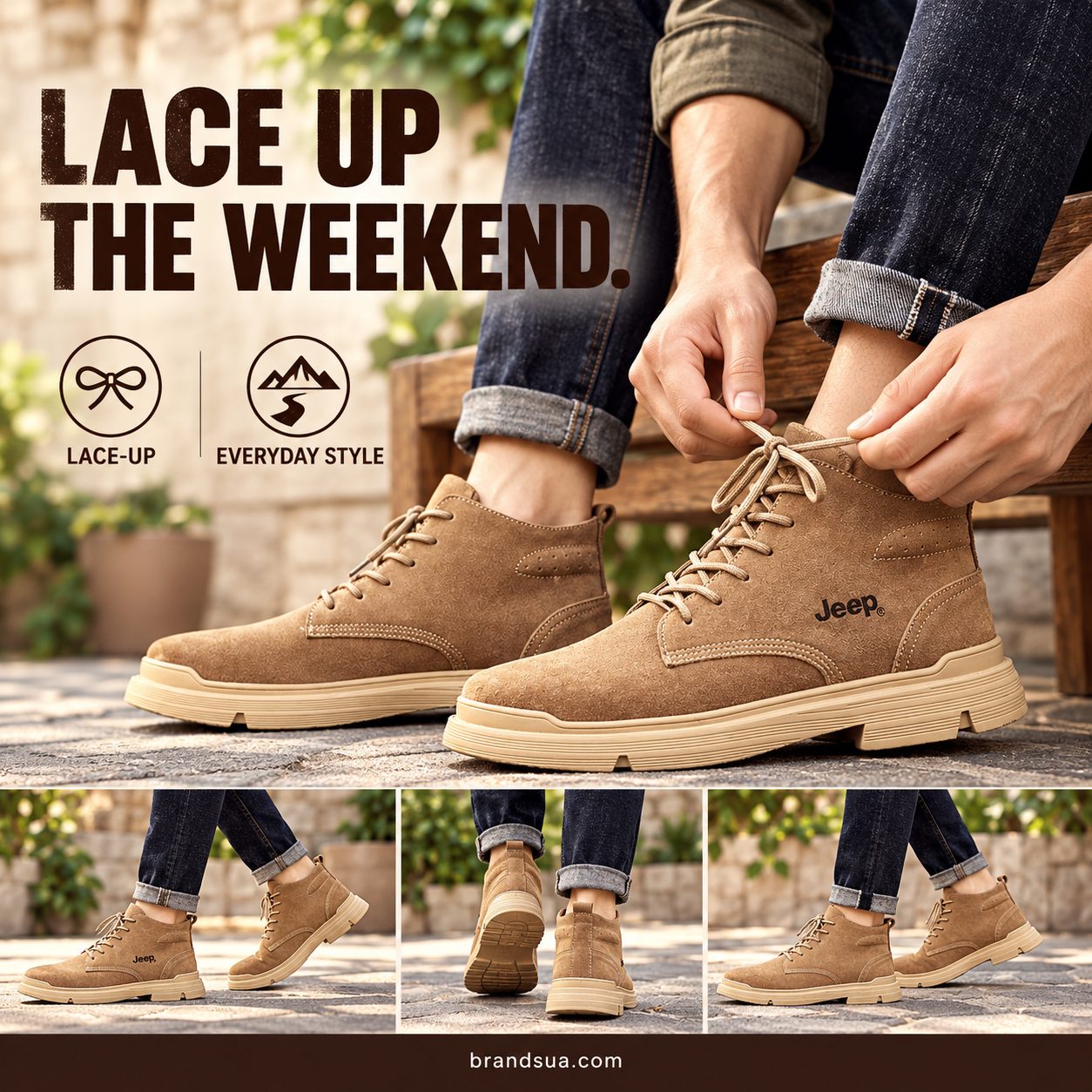 Jeep P03232650K Men Shoe — Hands tying tan laces while adult sits on wooden courtyard bench, boots fully visible and no face…