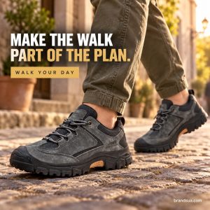 Jeep P131091260 Men Shoe — Adult walking across old-city courtyard in olive trousers, exact charcoal shoe foreground. Warm l…