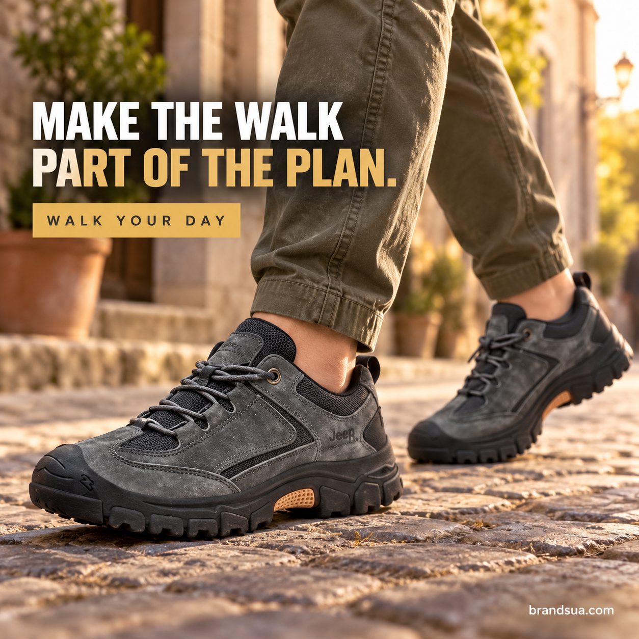 Jeep P131091260 Men Shoe — Adult walking across old-city courtyard in olive trousers, exact charcoal shoe foreground. Warm l…