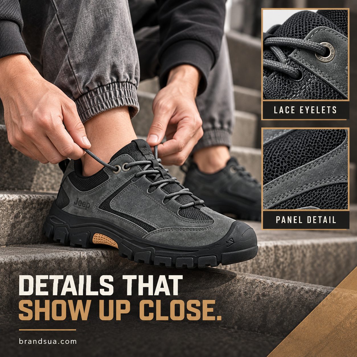 Jeep P131091260 Men Shoe — Cropped adult sits on stair and ties exact shoe, large three-quarter hero. Two stacked small clos…