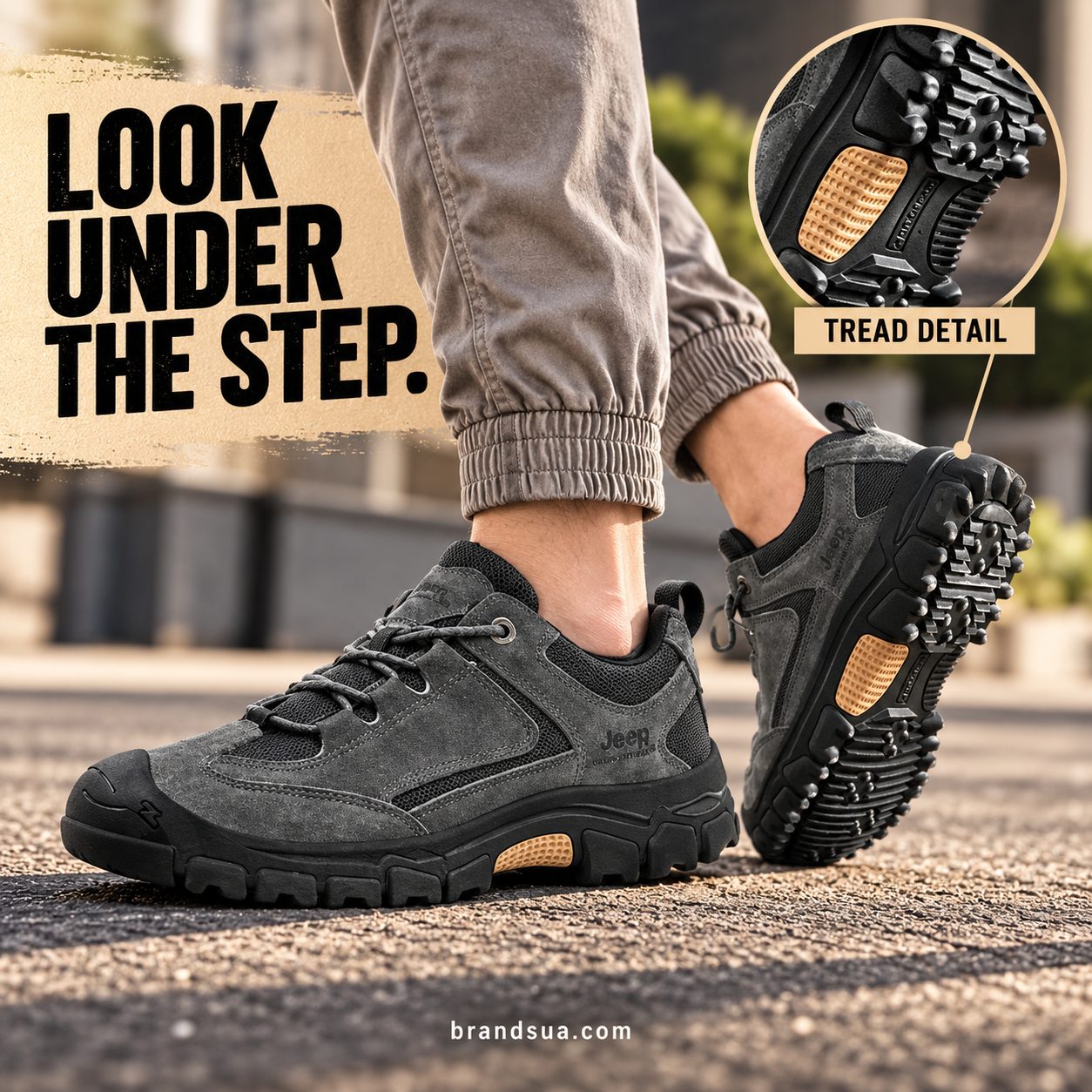 Jeep P131091260 Men Shoe — One foot steps forward on dry pavement while trailing heel lifts enough to reveal exact black lug…