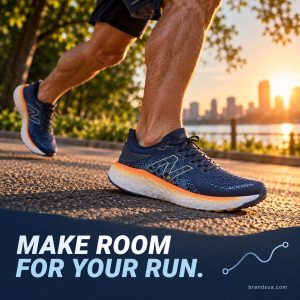 New Balance Fresh Foam Navy M1080E12 — Adult runner taking first strong stride from shaded park edge into sunrise, cropped f…
