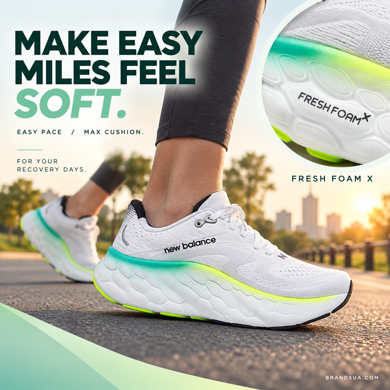 New Balance Fresh Foam X More V4 — MAKE EASY MILES FEEL SOFT.; Adult relaxed jog along broad quiet park road at dawn, exact…