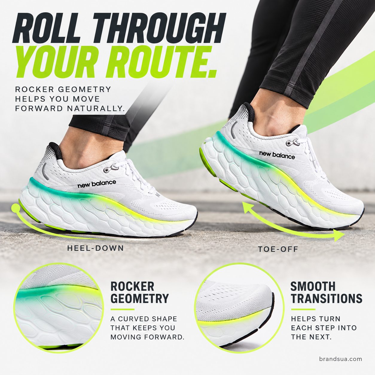 New Balance Fresh Foam X More V4 — ROLL THROUGH YOUR ROUTE.; Cropped adult walking into gentle jog, two source-side shoe pha…