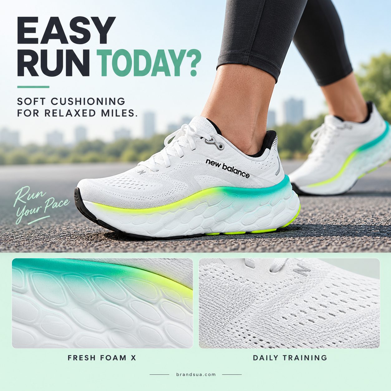 New Balance Fresh Foam X More V4 — EASY RUN TODAY?; Question headline over actual relaxed runner lower legs on flat road, sm…