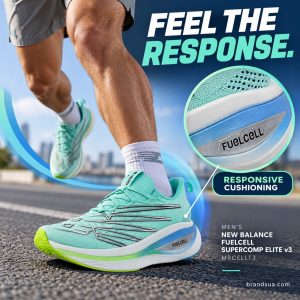 Men's New Balance FuelCell SuperComp Elite v3 - MRCELLT3 — FEEL THE RESPONSE.; Adult runner in mint-grey kit road stride, ex…